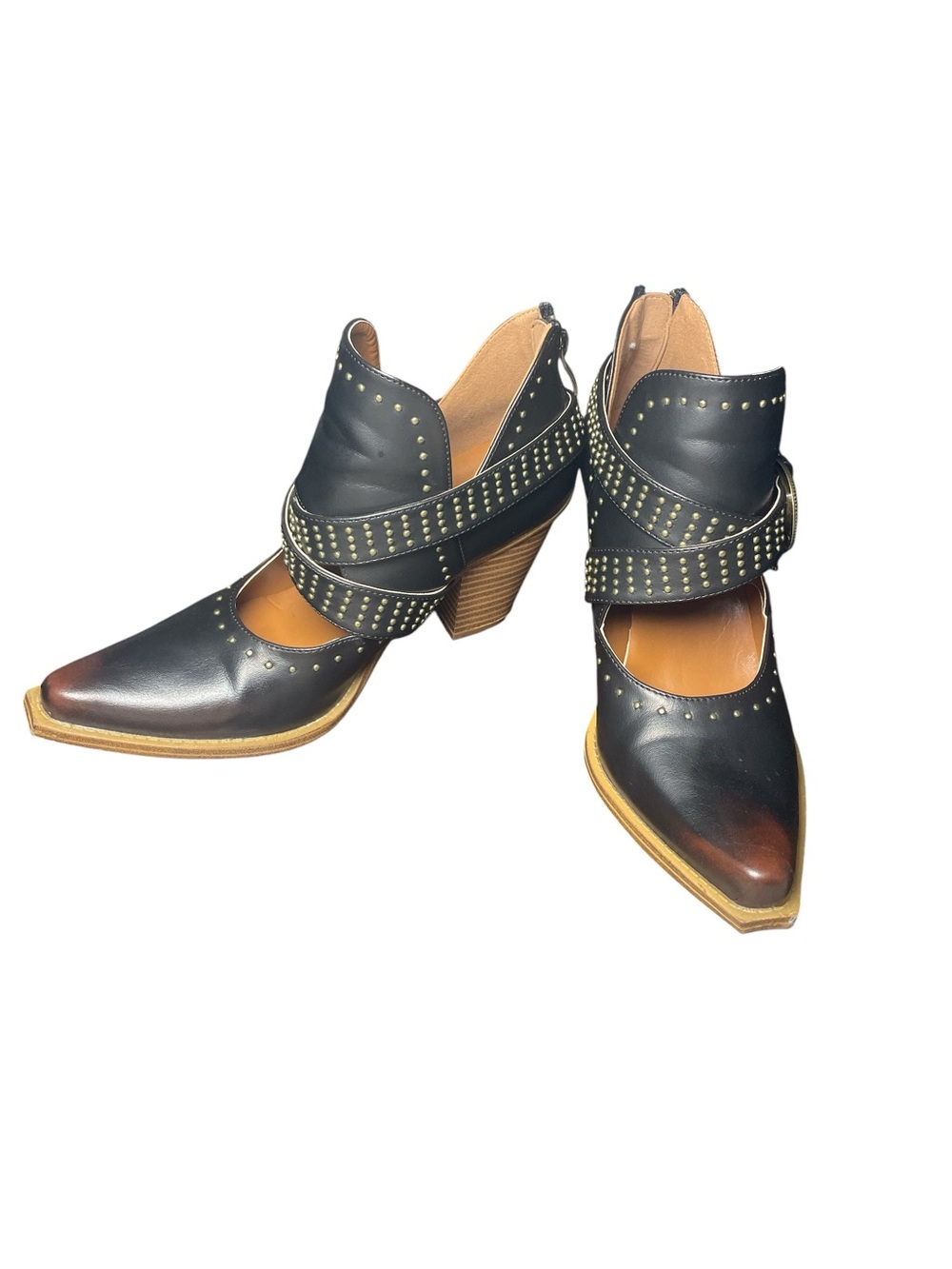 Pointed-Toe Studded Buckle Strap Full-Zip Ankle Boots